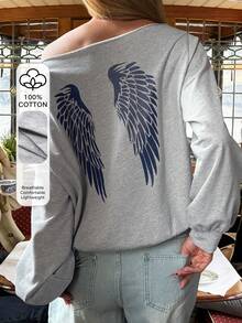 DAZY 女士翅膀印花斜肩长袖休闲宽松卫衣 - 灰色 - 查看 1