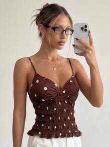 Pariaura 女士棕色波点印花修身吊带背心，休闲性感，夏季款 - 棕色 - 查看 3