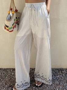 DAZY Women's Striped Drawstring Ankle Print Pants, Suitable For Summer And Spring - White - View 4