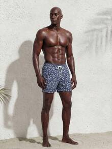 Surfspeed Pantalones cortos de playa casuales con estampado todo sobre y cordón en la cintura para hombre, vacaciones - Azul Marino - Ver 2