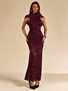 SHEIN BAE 酒红色露背深V领性感蕾丝长裙，优雅度假沙滩长裙，秋夏季 - 酒紅色 - 查看 4