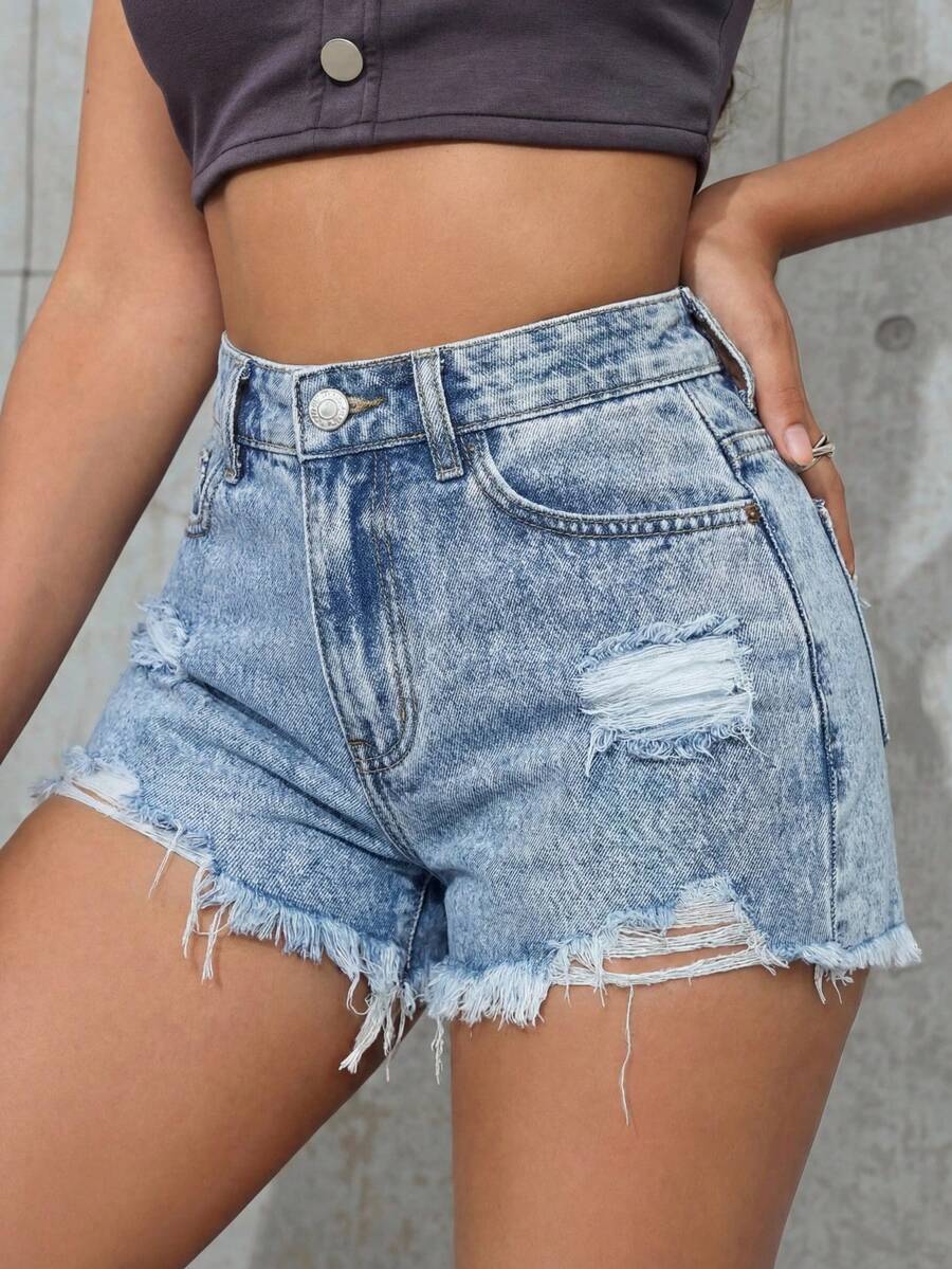 Tween Girl Y2K Spring Summer Break Light Washed Casual High Waist Ripped Raw Hem Baggy Denim Shorts, Summer Boho Beach Concert Rave Festival, Teen Girl Summer Cute Shorts, Summer Boho Holidays ,Spring ,Beach For Girl, Vacation Casual Girl, Valentine's Day,Vintage/Beach/Sea/Elegant Graduation Outfit,Casual Women's Jumpsuit,Summer Holiday Outfits - Light Wash - View 1
