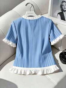 SHEIN Ladiora Women's Round Neck Blue And White Striped Contrast Color Short Sleeve Shirt - Blue and White - View 2