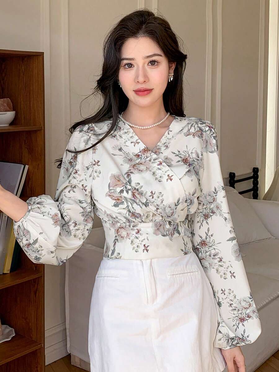 DAZY 女士雪纺印花长袖V领衬衫夏季波西米亚风度假装扮 - 粉色 - 查看 1