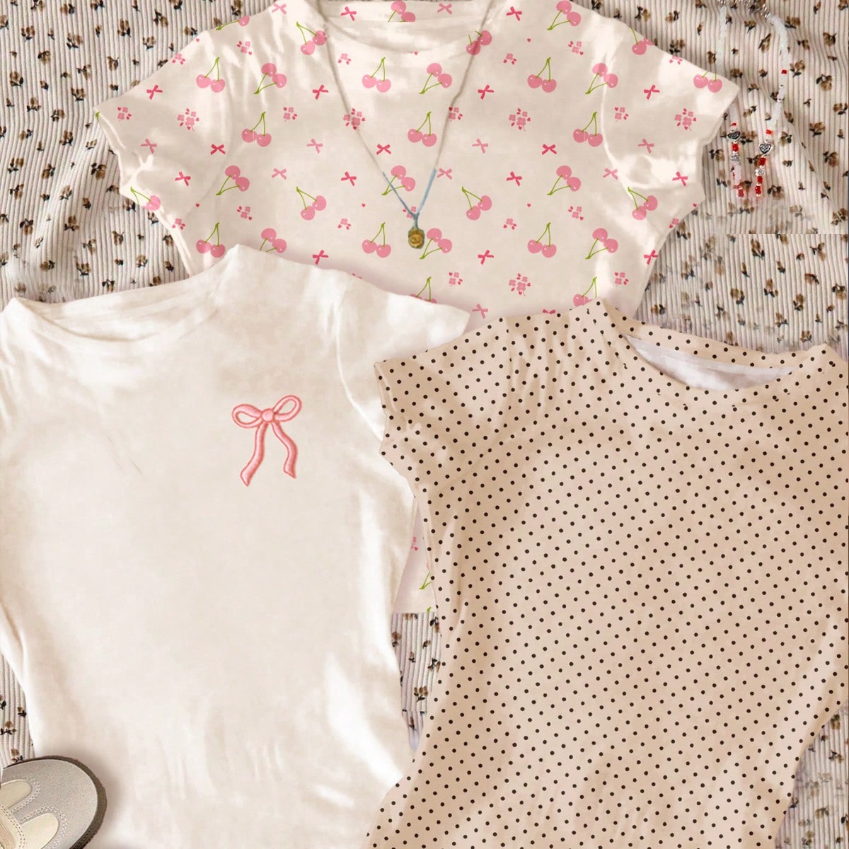 Conjunto casual de 3 piezas para niñas preadolescentes: Camiseta con estampados de lunares, flores y cerezas, diseño minimalista
