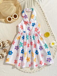 SHEIN Playful Pals 女童碎花夏季新款时尚Polo领露背吊带束腰甜美休闲度假连衣裙 - 白色 - 查看 1