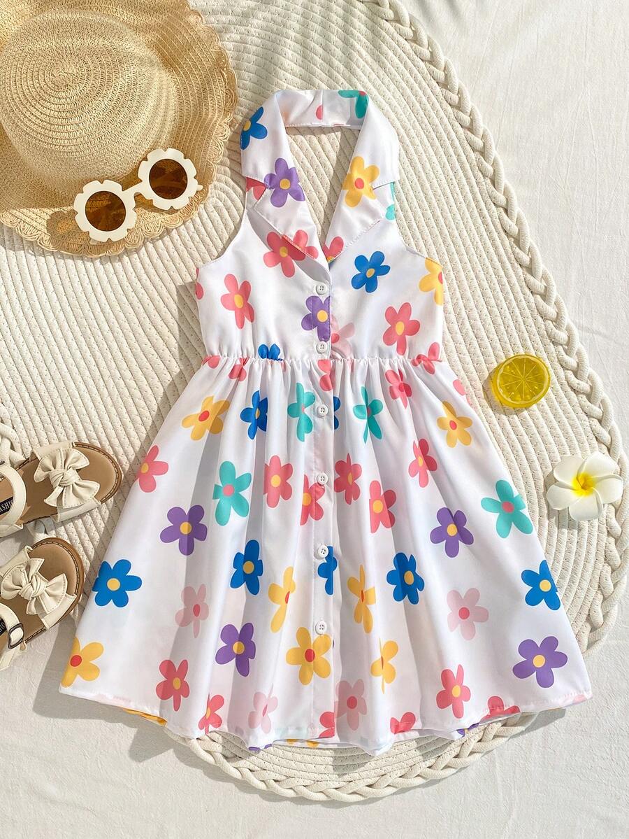 SHEIN Playful Pals 女童碎花夏季新款时尚Polo领露背吊带束腰甜美休闲度假连衣裙 - 白色 - 查看 1