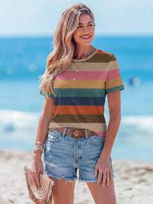Sylviya Casual Simple Color Block Striped Crew Neck Short Sleeve Loose Women T-Shirt, Suitable For Spring And Summer Suitable For Going Out,Casual - Multicolor - View 4