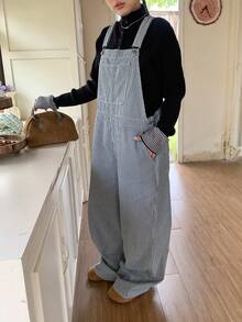 Dazy Plus 时尚条纹宽松休闲背带裤，带口袋，大码女式长款牛仔连体裤 - 藍色 - 查看 4
