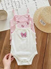 SHEIN 3pcs/Set Cute Casual Pink Bow Knitted Bodysuit For Baby Girl - Purple - View 2