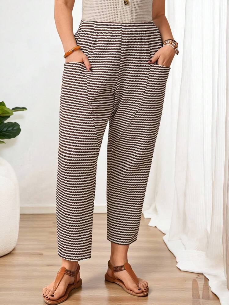 Plus Size Women's Summer Casual Vacation Country Brown Striped Pocket Pants,Summer Holiday,Spring Break, Vacation Women, Holiday For Women,Going Out,2026 New,Simple And Fashionable For Everyday Wear,Suitable For Summer, Vacation, Commute, Daily Wear