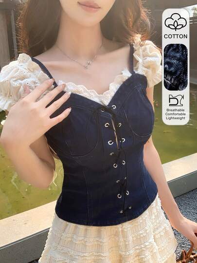 DAZY 春夏两用白色蕾丝边撞色拼接短款上衣，复古水洗吊带背心，休闲音乐节修身束胸设计系带牛仔衬衫（女款）