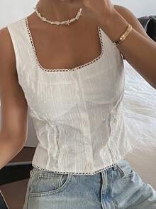 Strévra Casual Vacation Style Textured Striped Sleeveless Open Front Cropped Top, White, For Spring & Summer Babydoll Top - White - View 9