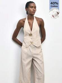 Maija Women's Striped Halter Top And Pants Set Summer Jumpsuit Woman Linen Jumpsuit Women Linen Outfit Pant Suit Summer Sets Resort Wear 2026 Cotton Sets For Woman, Metal Buckle Design, Unique Striped Suit, Spring/Summer Resort Style, Summer Outfits, Summer Clothes, Spring Clothes Women , St Patrick's Day, Beach Outfit For Women, Cotton Jumpsuits For Woman Halter Jumpsuit - Multicolor - View 10