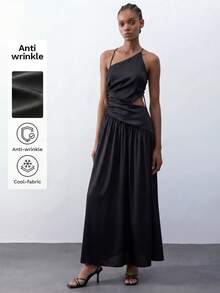 Maija Women's Black Summer Seksi Chic Vacation Holiday Maxi Dress,Elegant Cutout Waist One Shoulder Asymmetrical Gowns,A-Line Formal Wedding Party Dress - Black - View 3