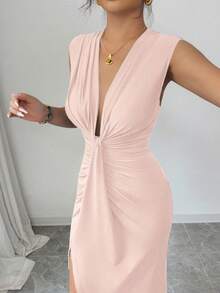 Rafferiza Elegant Sleeveless Deep V-Neck Draped Hem Slit Spring/Summer Dress For Women - Pink - View 7