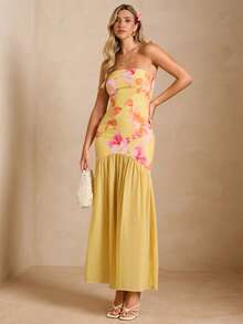 Enchnt Spring/Summer Romantic Women's Yellow Floral Print Strapless Maxi Dress,Sweet&Elegant For Vacation&Date&Holiday&Going Out,Spring Outfit Women - Yellow - View 4