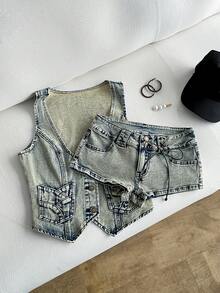 Elamini 女士夏季休闲低腰迷你牛仔短裤 - 藍色 - 查看 4