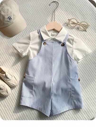 Newborn Baby Boy Cute Vacation Casual Versatile Striped Bib Romper Baby Boy Overall Set Baby Doll Clothes Boy Baby Boy Summer Overall Outfits Baby Boy Overall Outfits Baby Boy Outfit Set With Bonnet