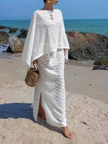 Livesso Pareo de playa elegante para mujer de tela texturizada semitransparente con hombros descubiertos y punto acanalado - Blanco - Ver 7