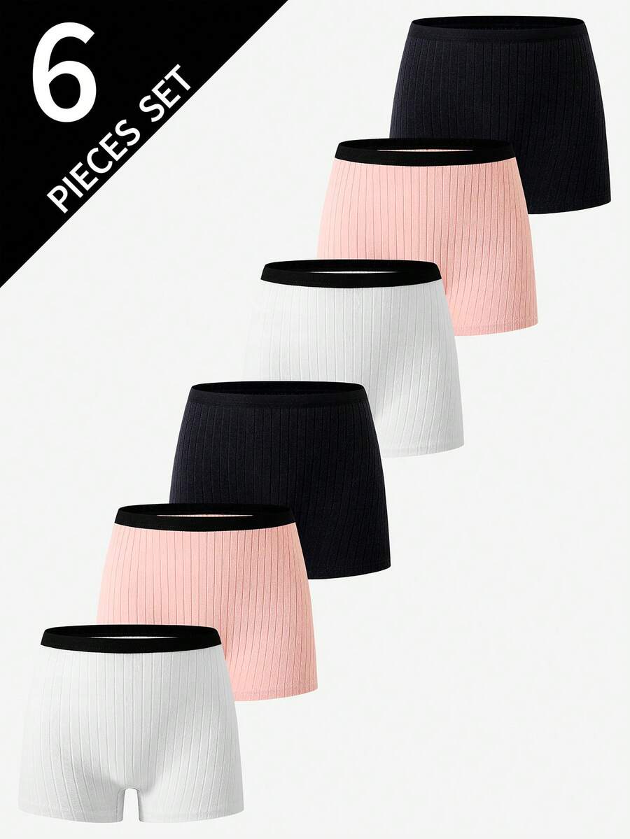 6pcs Teen Girls Minimalist Solid Color Pure Cotton Summer Simple Shorts Ribbed Knit Shorts - Multicolor - View 1