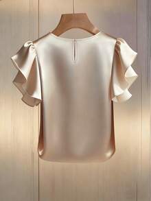 Ellegaria. Áo sơ mi satin acetate cổ tròn, tay bồng, đính ngọc trai, kiểu dáng thanh lịch, thích hợp mặc đi làm hoặc đi nghỉ mát. - Màu be - Xem 2