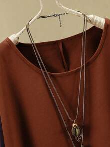 Plus Size Women's Solid Color Round Neck Short Sleeve Shirt And Wide Leg Pants Casual 2-Piece Set - Brown - View 6