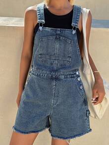 DAZY Women's Summer Casual Slant Pocket Frayed Denim Bib Pants - Blue - View 6