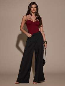 SHEIN BAE 女士纯色性感时尚连体衣 - 酒紅色 - 查看 7