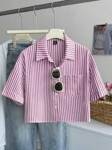 Elamini 条纹短款宽松休闲女式宽松袖衬衫，亚麻质感女式衬衫，纽扣衬衫，条纹衬衫，女式短袖衬衫，夏季女式衬衫，棉质衬衫，条纹棉质衬衫，女式棉质上衣，女式休闲Polo衫 - 彩色 - 查看 3