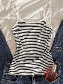 INAWLY Black & White Striped Lace Patchwork V-Neck Sleeveless Camisole, Slimming - Black and White - View 2