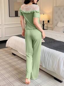 SHEIN Women's French Style Off-Shoulder Lace Patchwork Short Sleeve Pajama Set - Green - View 2