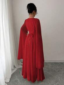 Rafferiza 女士优雅开衩袖超长袖雪纺杏色金色亮片花卉饰边连衣裙，腰部收紧 - 紅色 - 查看 2