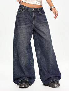 ROMWE Grunge Punk Celana Jeans Vintage Jepang Motif Geisha Bunga Bordir Pinggang Rendah Kaki Lebar - Biru - View 6
