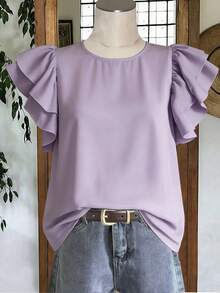 SHEIN LUNE 女士纯色圆领褶皱休闲百搭日常衬衫 - 彩色 - 查看 7