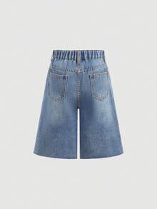 女童闪亮水钻装饰宽松牛仔短裤 - 中等水洗藍 - 查看 4