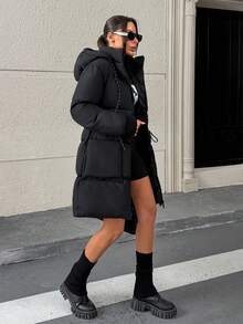 Hooded Long Padded Coat With Clean Quilted Construction, Crafted For A Bold Y2K Silhouette - Black - View 3