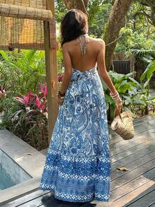 Sunnyshic Vestido Retrô com Estampa Floral Azul, Decote em V, Halter, Costas Abertas, Babado na Barra, Modelo Evasê, Vestido Feminino Elegante, Casual e Versátil para Primavera/Verão, Férias e Praia, Estilo Boho - Azul - Visão 2