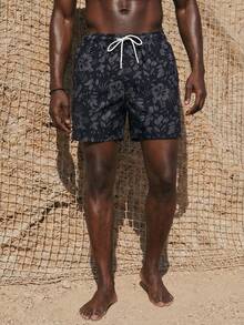 Palasendo Men's Floral Print Casual Beach Shorts Men Black Swim Trunks Black Hawaiian Swim Shorts Men Floral Swim Trunks - Grey - View 6