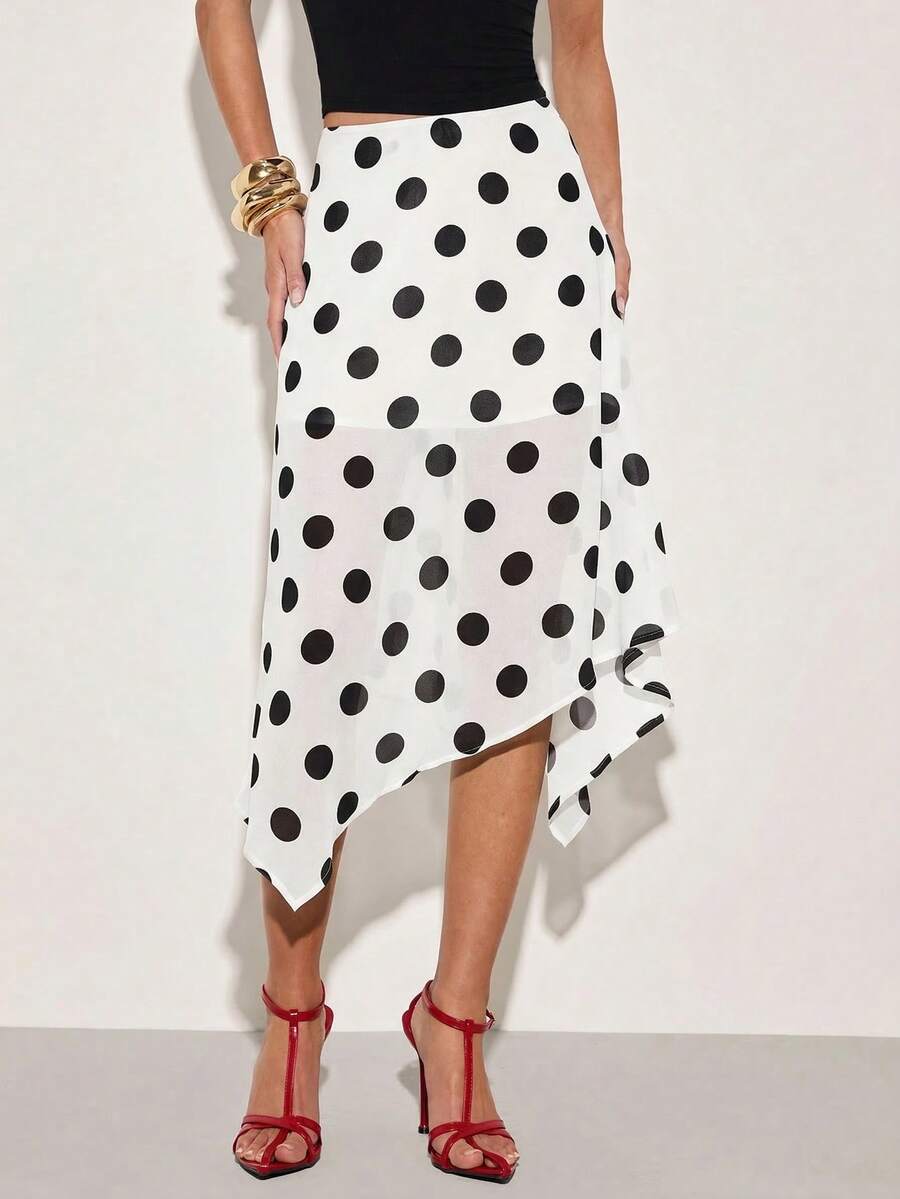 COSMINA Women's Polka Dot Chiffon Irregular Hem Skirt, Brown And Blue, Fashion Item For Daily Wear, Date, New Year Outfit, Versatile, Elegant Skirt, Suitable For Street Style - White - View 1