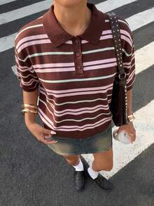 Muchica 棕色条纹女士 Polo 领短袖休闲针织上衣 - 棕色 - 查看 5