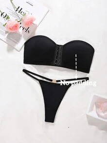 2pcs Minimalist Comfortable Bandeau Bra Set - Black - View 6