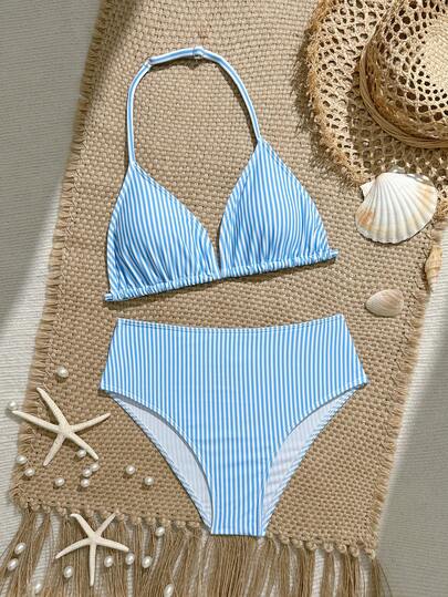 SHEIN 少女蓝白条纹挂脖比基尼上衣，条纹三角比基尼下装，款式简约舒适，法式可爱风格，适合游泳、泳池、冲浪、度假、新年、春假、海滩等场合。