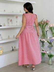 GalTyme 大码女式格子圆领无袖抽绳腰休闲连衣裙 - 紅白色 - 查看 2