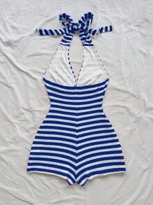 Soleia Mono de punto con textura de cuello en V profundo, franja roja y blanca, con lazo delantero, adecuado para fiesta, Día de San Valentín, cita, superposición, Navidad, playa, crucero, festival, Pascua, vacaciones bohemias, talla grande para mujer - Azul y blanco - Ver 2
