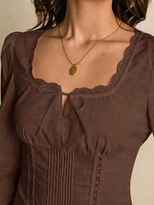 Poéselle Women's Solid Color Square Collar Lantern Sleeve Fitted Lace Patchwork Blouse - Coffee Brown - View 3