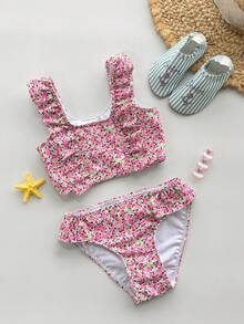 Dazy Kids Bộ đồ bơi tankini viền bèo họa tiết hoa dành cho bé gái (cỡ nhỏ). - Hồng - Xem 5