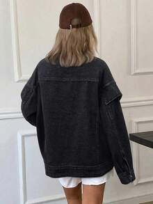 Livesso 女士休闲牛仔外套，翻领设计，荷叶边装饰，适合春、秋、冬季穿着。 - 深色水洗藍 - 查看 2