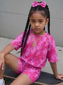 Young Girl Tie-Dye Print Round Neck Short Sleeve T-Shirt And Shorts Casual Set,Girls Outfit Sets,SummerOutfit,Utilitarian Chic - Pink - View 3