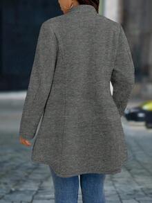 SHEIN PETITE CURVE 大码女式优雅立领带口袋大衣 - 深灰色 - 查看 2